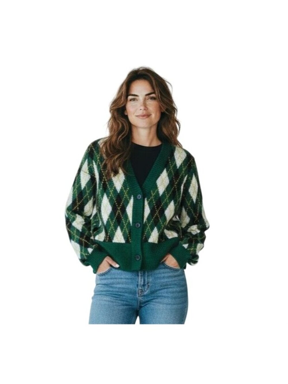 Staud Knave Cardigan in Green Cypress Argyle - Size S